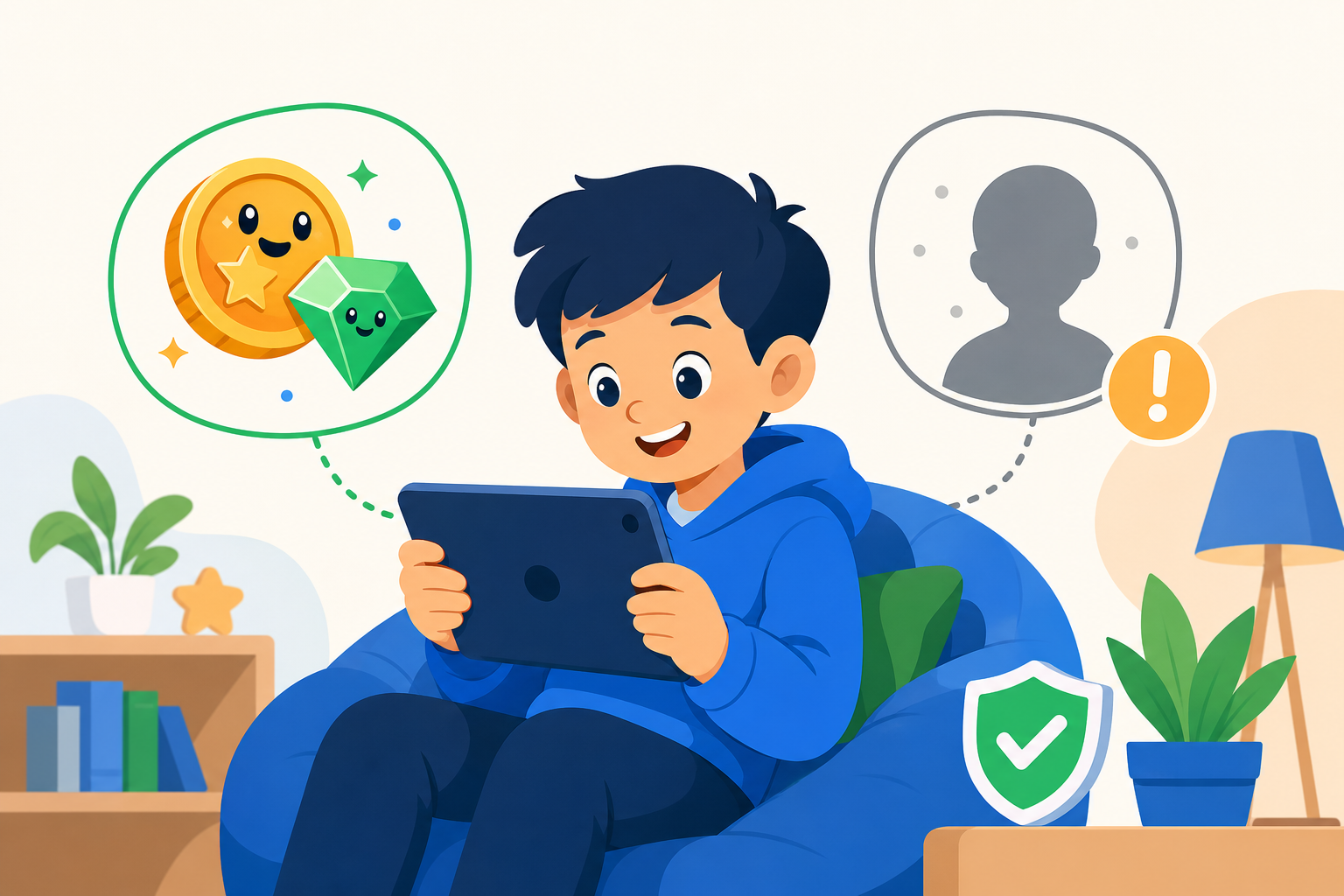 オンラインゲームを楽しむ子どもと、課金や見知らぬ相手との接触に気をつける家庭のイメージイラスト